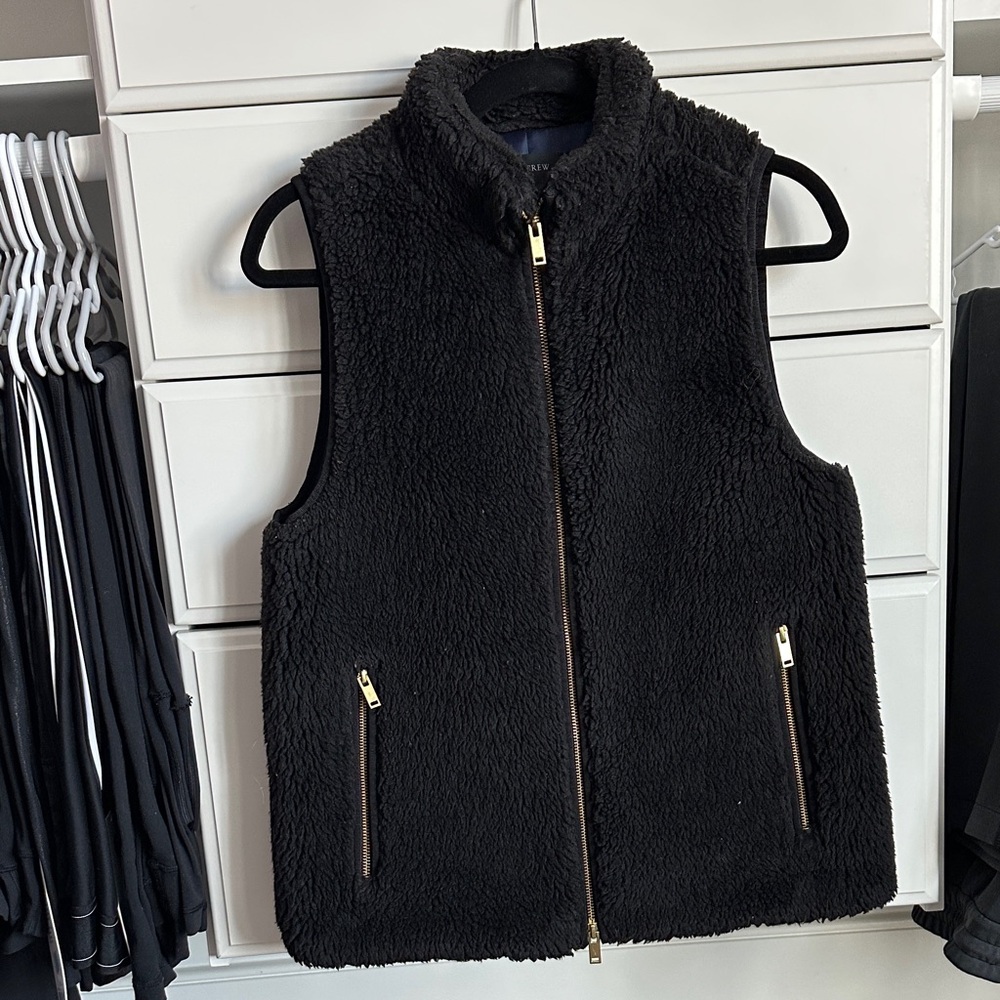 J. Crew Black Fleece Teddy Bear Vest with Gold Accents